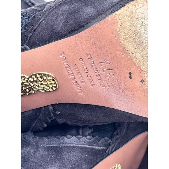 Aquazzura Firenze Black Gray Suede Tristan Fringe Ankle Bootie Tassel 37.5,Sz 7 - Picture 12 of 13